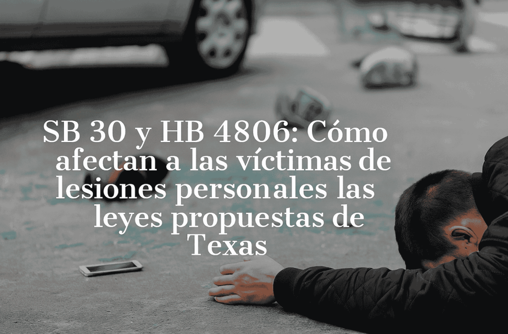 Víctima de lesiones personales acostada en el fondo y título escrito sobre las leyes de Texas y las víctimas de lesiones personales.